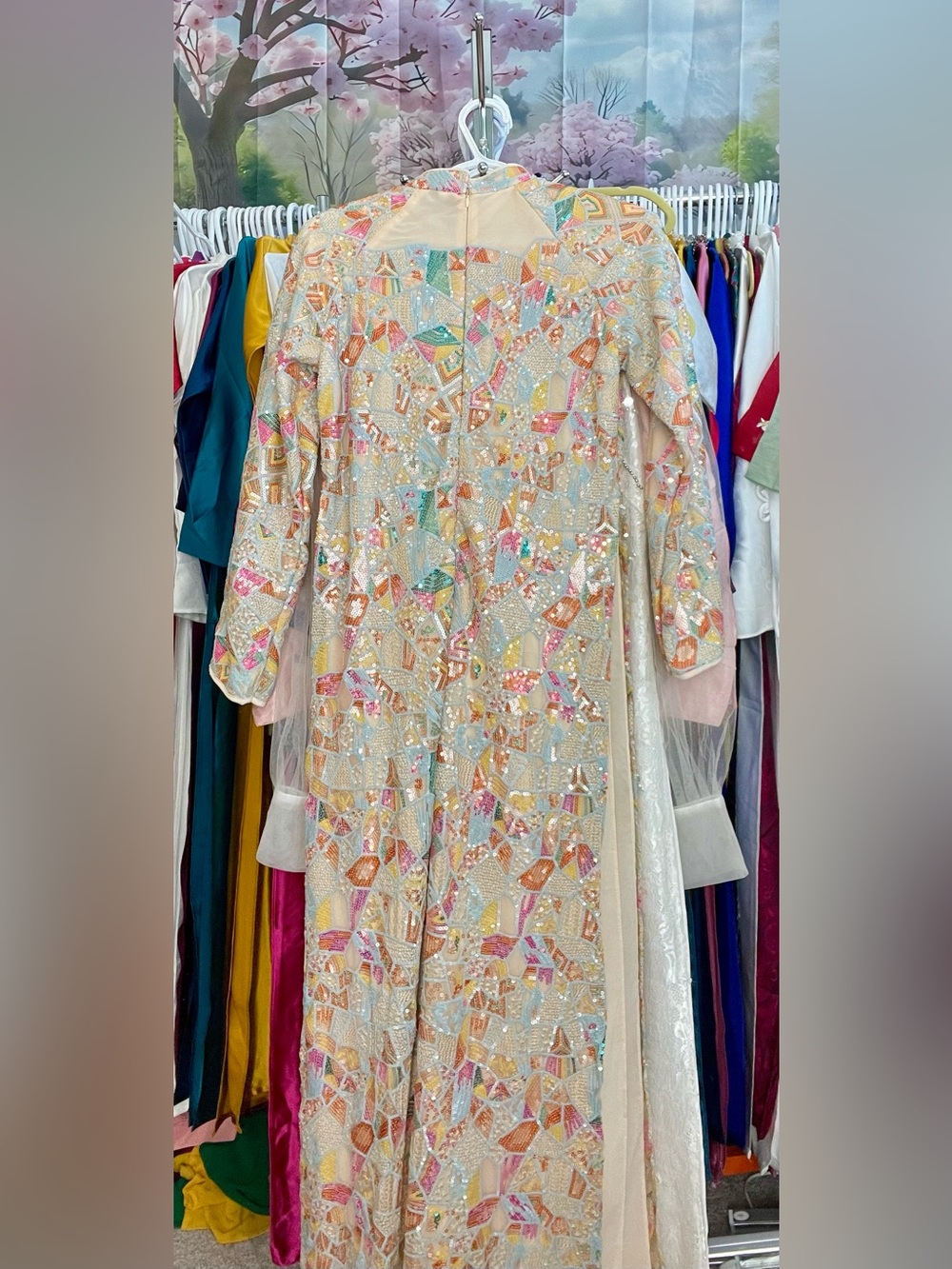 Ao dai suông kim sa sequin Vietnamese traditional long dress set l 4 pink cream - Picture 4 of 5